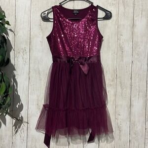 Lilt Size 10 Sequin Tulle Party Dress Girls Burgundy Maroon Sleeveless Bow Sash
